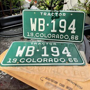 Vtg Unused NOS Colorado 1966 License Plate Pair WB-194 TRACTOR Montrose County